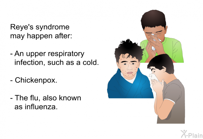 Reye's syndrome may happen after:  An upper respiratory infection, such as a cold. Chickenpox. The flu, also known as influenza.