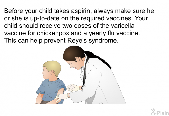Before your child takes aspirin, always make sure he or she is up-to-date on the required vaccines. Your child should receive two doses of the varicella vaccine for chickenpox and a yearly flu vaccine. This can help prevent Reye's syndrome.
