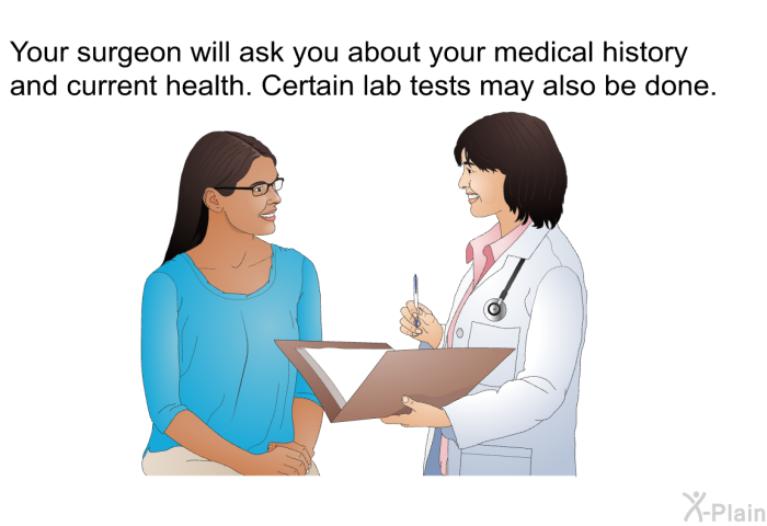 Your surgeon will ask you about your medical history and current health. Certain lab tests may also be done.