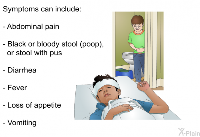 Symptoms can include:  Abdominal pain Black or bloody stool (poop), or stool with pus Diarrhea Fever Loss of appetite Vomiting