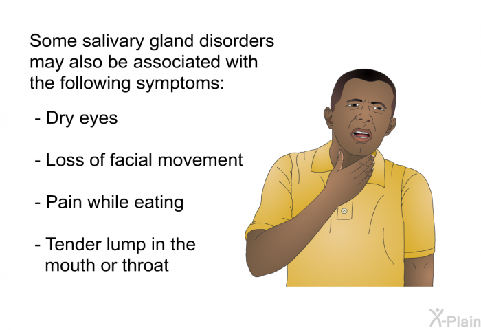 Some salivary gland disorders may also be associated with the following symptoms:  Dry eyes Loss of facial movement Pain while eating Tender lump in the mouth or throat