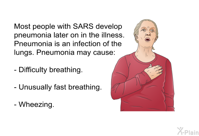 Most people with SARS develop pneumonia later on in the illness. Pneumonia is an infection of the lungs. Pneumonia may cause:  Difficulty breathing. Unusually fast breathing. Wheezing.