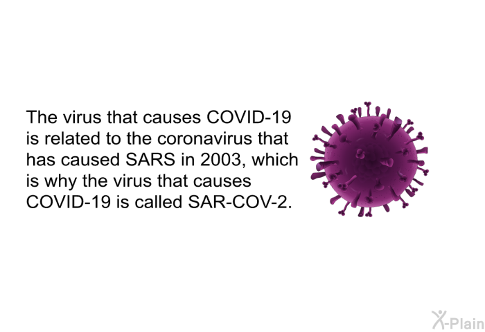 The virus that causes COVID-19 is related to the coronavirus that has caused SARS in 2003, which is why the virus that causes COVID-19 is called SAR-COV-2.