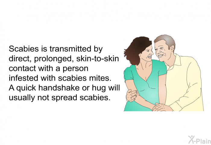Scabies is transmitted by direct, prolonged, skin-to-skin contact with a person infested with scabies mites. A quick handshake or hug will usually not spread scabies.