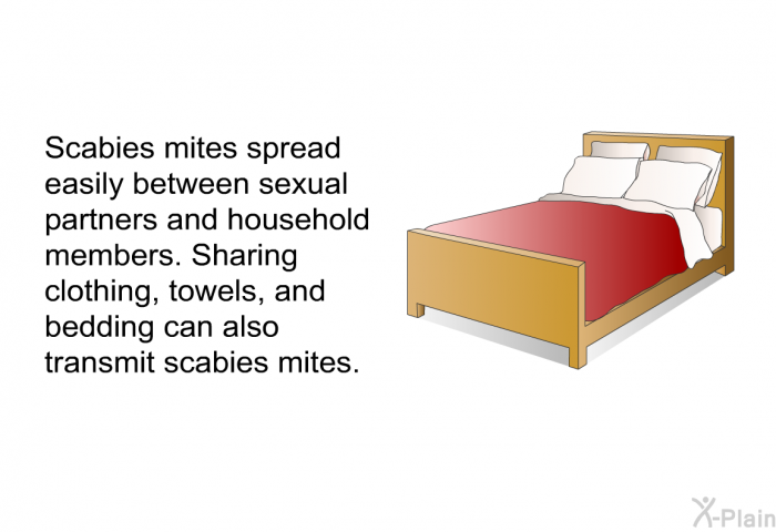 Scabies mites spread easily between sexual partners and household members. Sharing clothing, towels, and bedding can also transmit scabies mites.
