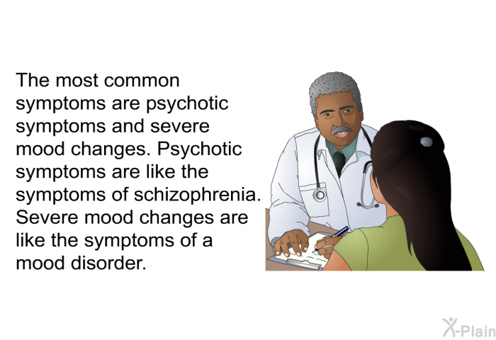 The most common symptoms are psychotic symptoms and severe mood changes. Psychotic symptoms are like the symptoms of schizophrenia. Severe mood changes are like the symptoms of a mood disorder.