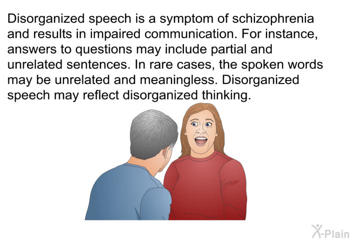 Disorganized speech is a symptom of schizophrenia and results in impaired communication. For instance, answers to questions may include partial and unrelated sentences. In rare cases, the spoken words may be unrelated and meaningless. Disorganized speech may reflect disorganized thinking.