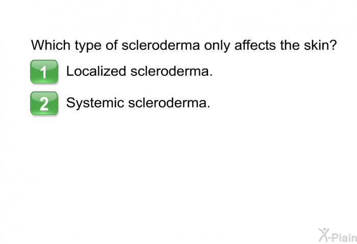 Which type of scleroderma only affects the skin? Choose one of the following.  Localized scleroderma. Systemic scleroderma.