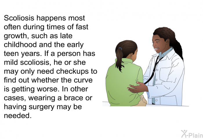 Scoliosis happens most often during times of fast growth, such as late childhood and the early teen years. If a person has mild scoliosis, he or she may only need checkups to find out whether the curve is getting worse. In other cases, wearing a brace or having surgery may be needed.