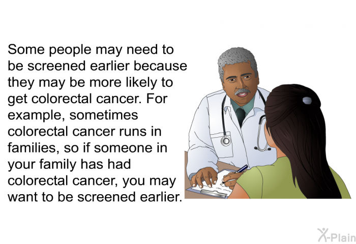 Some people may need to be screened earlier because they may be more likely to get colorectal cancer. For example, sometimes colorectal cancer runs in families, so if someone in your family has had colorectal cancer, you may want to be screened earlier.