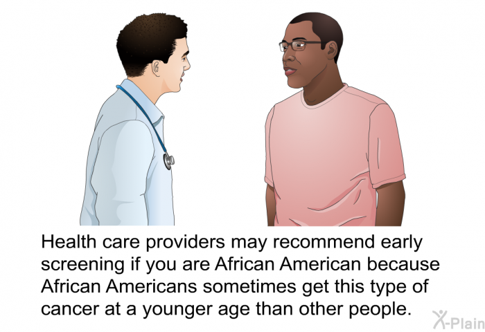 Health care providers may recommend early screening if you are African American because African Americans sometimes get this type of cancer at a younger age than other people.