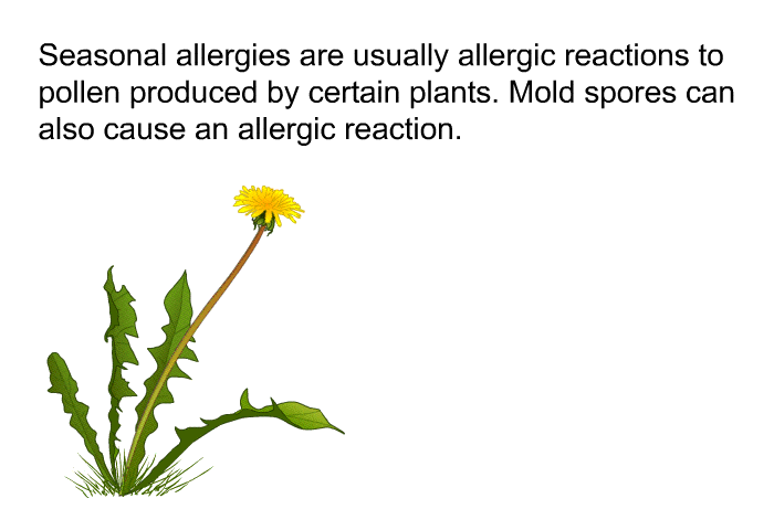 Seasonal allergies are usually allergic reactions to pollen produced by certain plants. Mold spores can also cause an allergic reaction.