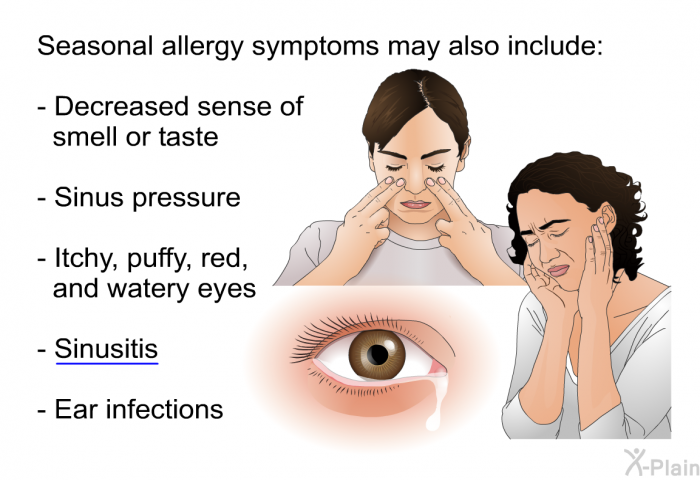 Seasonal allergy symptoms may also include:  Decreased sense of smell or taste Sinus pressure Itchy, puffy, red, and watery eyes Sinusitis Ear infections