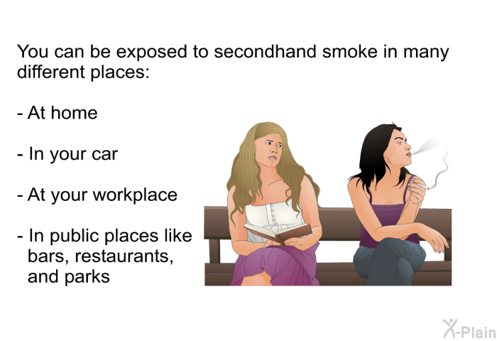You can be exposed to secondhand smoke in many different places:  At home In your car At your workplace In public places like bars, restaurants, and parks