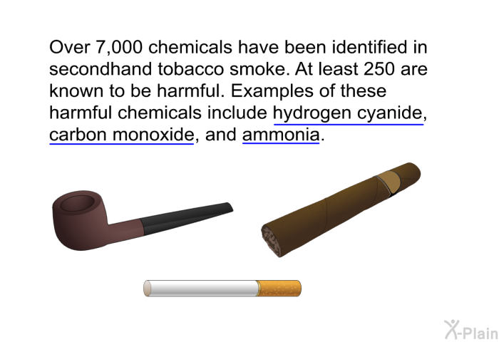 Over 7,000 chemicals have been identified in secondhand tobacco smoke. At least 250 are known to be harmful. Examples of these harmful chemicals include hydrogen cyanide, carbon monoxide, and ammonia.