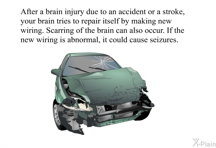 After a brain injury due to an accident or a stroke, your brain tries to repair itself by making new wiring. Scarring of the brain can also occur. If the new wiring is abnormal, it could cause seizures.