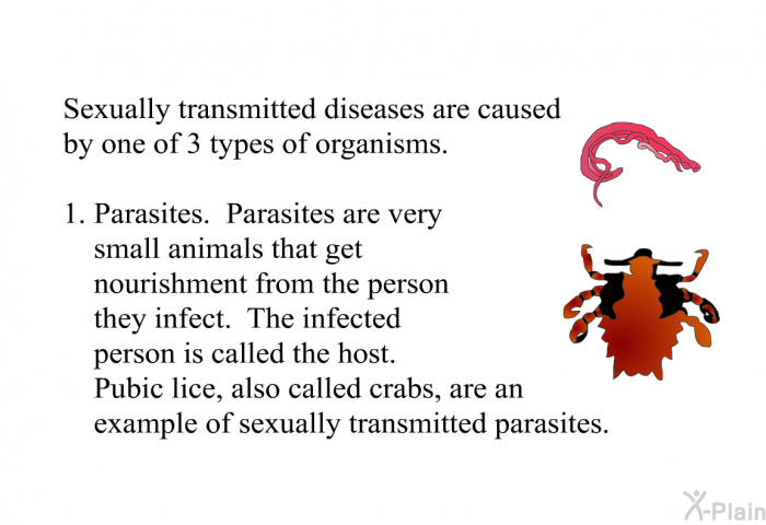 Sexually transmitted diseases are caused by one of 3 types of organisms.  Parasites. Parasites are very small animals that get nourishment from the person they infect. The infected person is called the host. Pubic lice, also called crabs, are an example of sexually transmitted parasites.