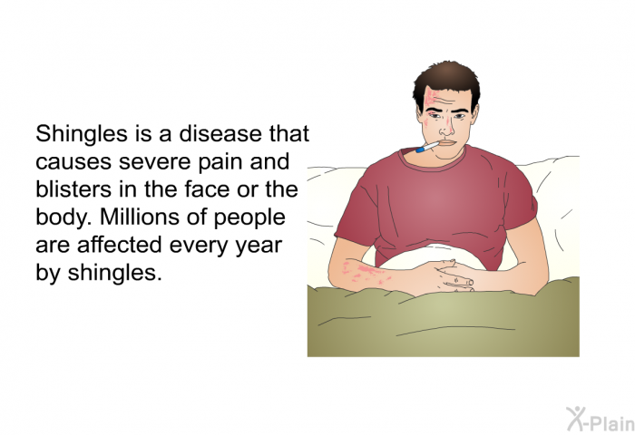 Shingles is a disease that causes severe pain and blisters in the face or the body. Millions of people are affected every year by shingles.