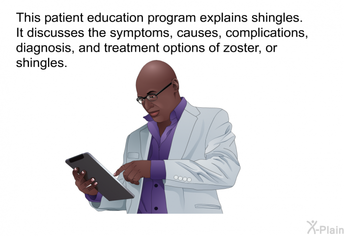This health information explains shingles. It discusses the symptoms, causes, complications, diagnosis, and treatment options of zoster, or shingles.