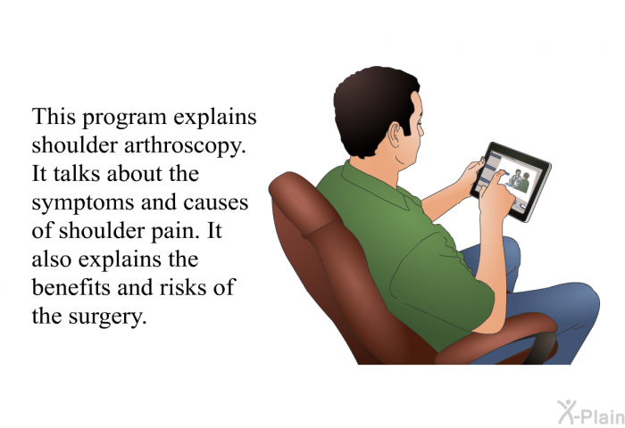 This health information explains shoulder arthroscopy. It talks about the symptoms and causes of shoulder pain. It also explains the benefits and risks of the surgery.