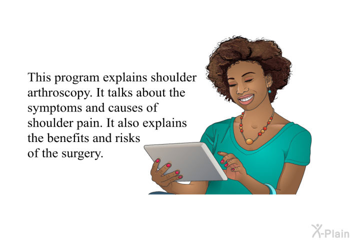 This health information explains shoulder arthroscopy. It talks about the symptoms and causes of shoulder pain. It also explains the benefits and risks of the surgery.