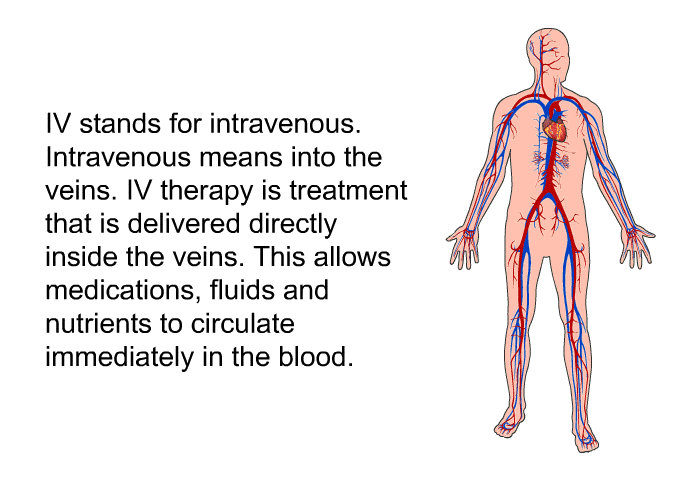 IV stands for intravenous. Intravenous means into the veins. IV therapy is treatment that is delivered directly inside the veins. This allows medications, fluids and nutrients to circulate immediately in the blood.