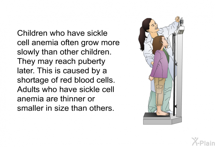Children who have sickle cell anemia often grow more slowly than other children. They may reach puberty later. This is caused by a shortage of red blood cells. Adults who have sickle cell anemia are thinner or smaller in size than others.