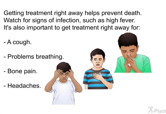 Getting treatment right away helps prevent death. Watch for signs of infection, such as high fever. It's also important to get treatment right away for:  A cough. Problems breathing. Bone pain. Headaches.
