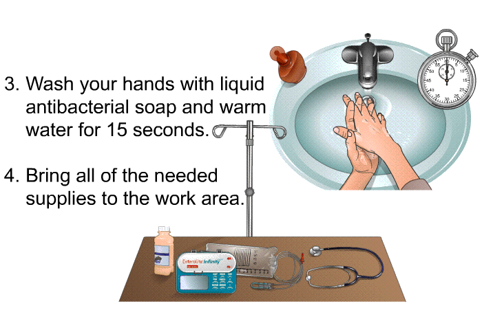 Wash your hands with liquid antibacterial soap and warm water for 15 seconds. Bring all of the needed supplies to the work area.