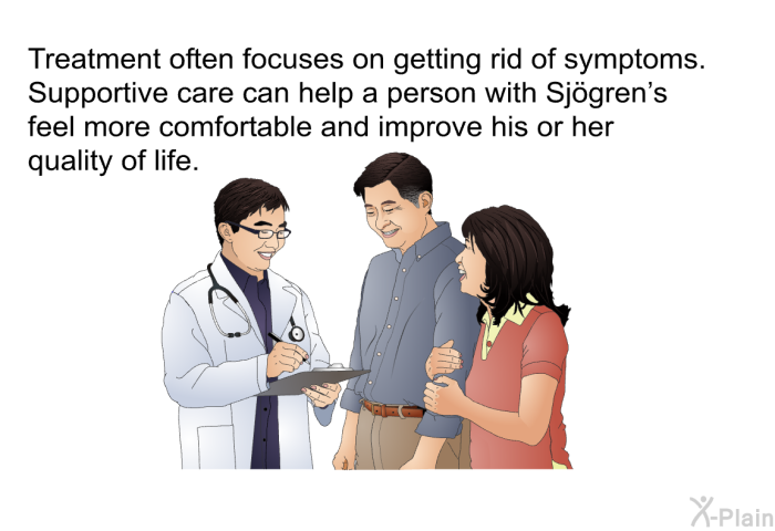 Treatment often focuses on getting rid of symptoms. Supportive care can help a person with Sjögren's feel more comfortable and improve his or her quality of life.