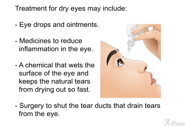 Treatment for dry eyes may include:  Eye drops and ointments. Medicines to reduce inflammation in the eye. A chemical that wets the surface of the eye and keeps the natural tears from drying out so fast. Surgery to shut the tear ducts that drain tears from the eye.