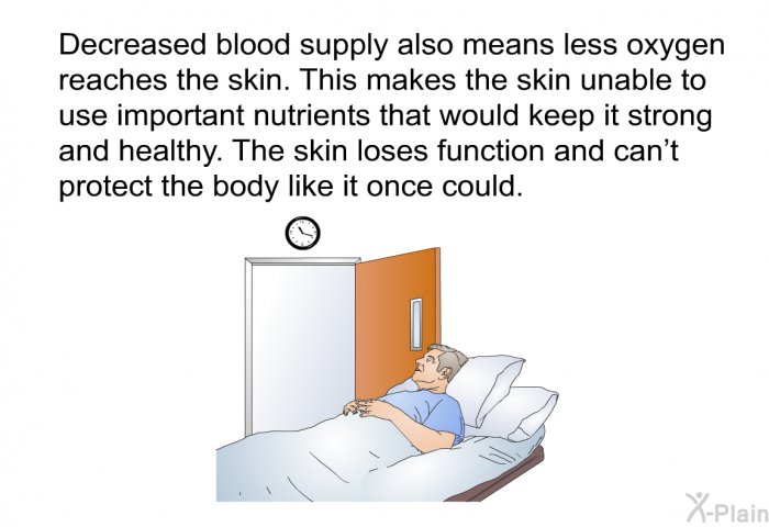 Decreased blood supply also means less oxygen reaches the skin. This makes the skin unable to use important nutrients that would keep it strong and healthy. The skin loses function and can't protect the body like it once could.