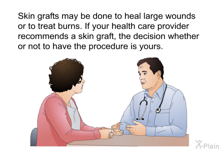 Skin grafts may be done to heal large wounds or to treat burns. If your health care provider recommends a skin graft, the decision whether or not to have the procedure is yours.