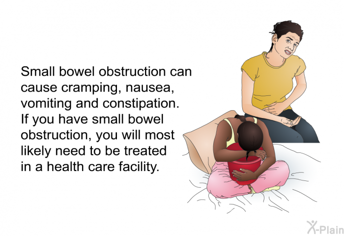 Small bowel obstruction can cause cramping, nausea, vomiting and constipation. If you have small bowel obstruction, you will most likely need to be treated in a health care facility.