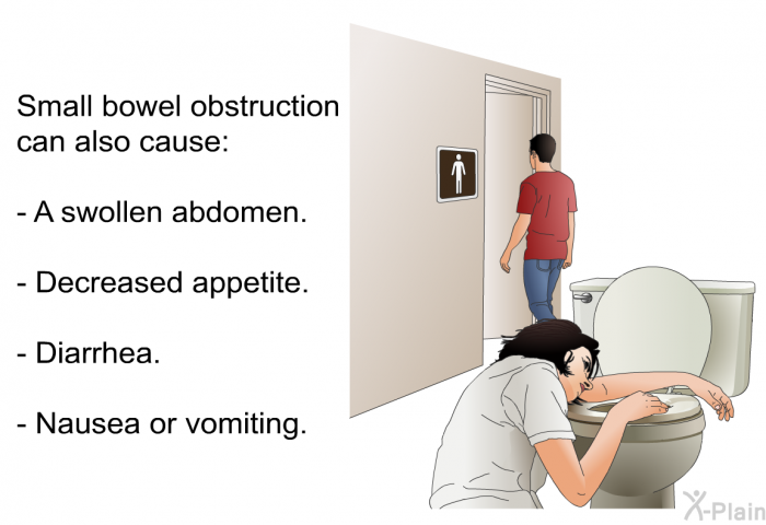 Small bowel obstruction can also cause:  A swollen abdomen. Decreased appetite. Diarrhea. Nausea or vomiting.