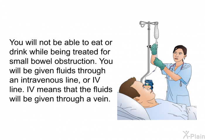 You will not be able to eat or drink while being treated for small bowel obstruction. You will be given fluids through an intravenous line, or IV line. IV means that the fluids will be given through a vein.