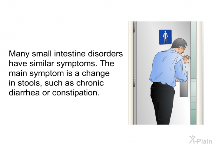 Many small intestine disorders have similar symptoms. The main symptom is a change in stools, such as chronic diarrhea or constipation.