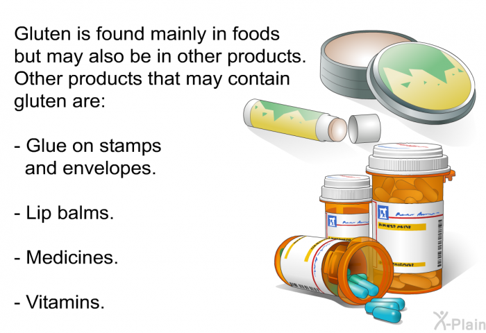 Gluten is found mainly in foods but may also be in other products. Other products that may contain gluten are:  Glue on stamps and envelopes. Lip balms. Medicines. Vitamins.