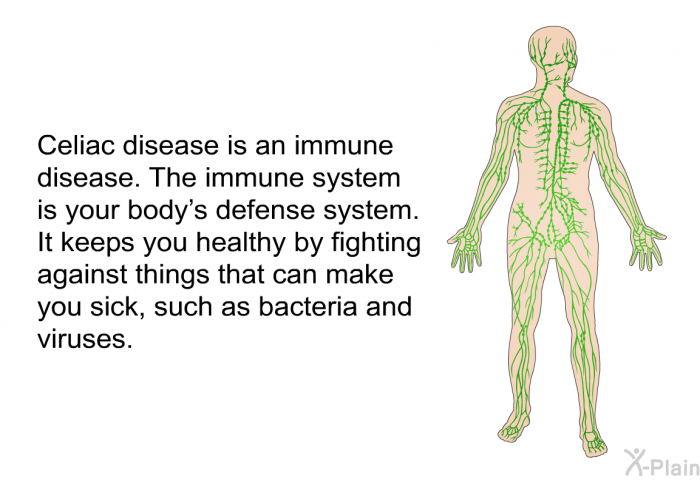 Celiac disease is an immune disease. The immune system is your body's defense system. It keeps you healthy by fighting against things that can make you sick, such as bacteria and viruses.