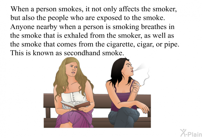 When a person smokes, it not only affects the smoker, but also the people who are exposed to the smoke. Anyone nearby when a person is smoking breathes in the smoke that is exhaled from the smoker, as well as the smoke that comes from the cigarette, cigar, or pipe. This is known as secondhand smoke.