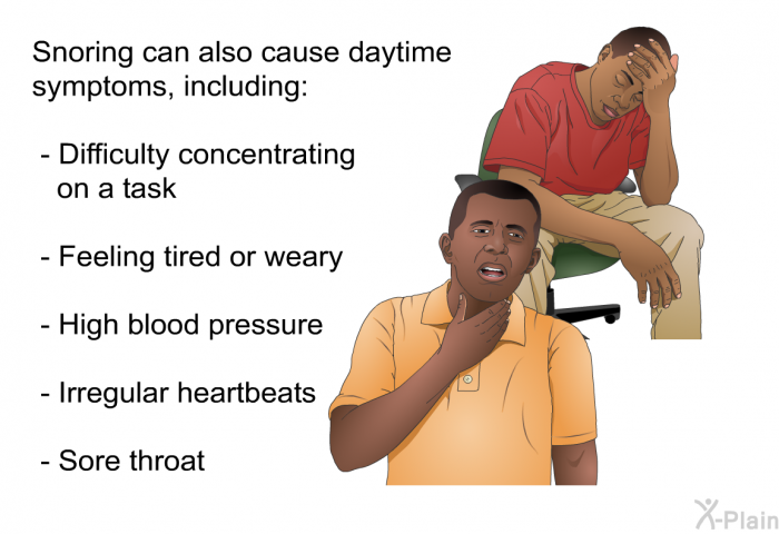 Snoring can also cause daytime symptoms, including:  Difficulty concentrating on a task Feeling tired or weary High blood pressure Irregular heartbeats Sore throat