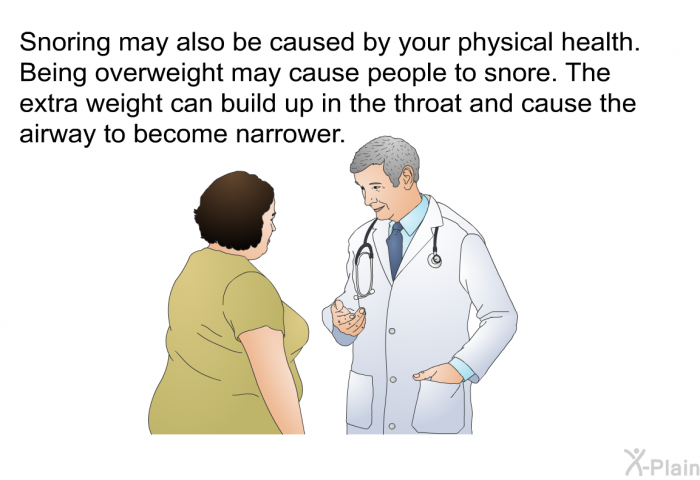 Snoring may also be caused by your physical health. Being overweight may cause people to snore. The extra weight can build up in the throat and cause the airway to become narrower.