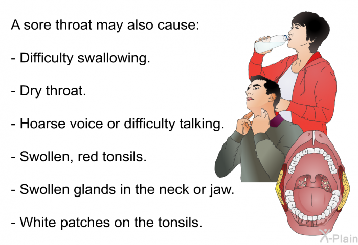 A sore throat may also cause:  Difficulty swallowing. Dry throat. Hoarse voice or difficulty talking. Swollen, red tonsils. Swollen glands in the neck or jaw. White patches on the tonsils.