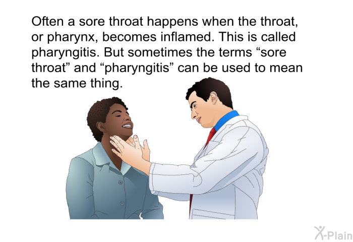 Often a sore throat happens when the throat, or pharynx, becomes inflamed. This is called pharyngitis. But sometimes the terms “sore throat” and “pharyngitis” can be used to mean the same thing.