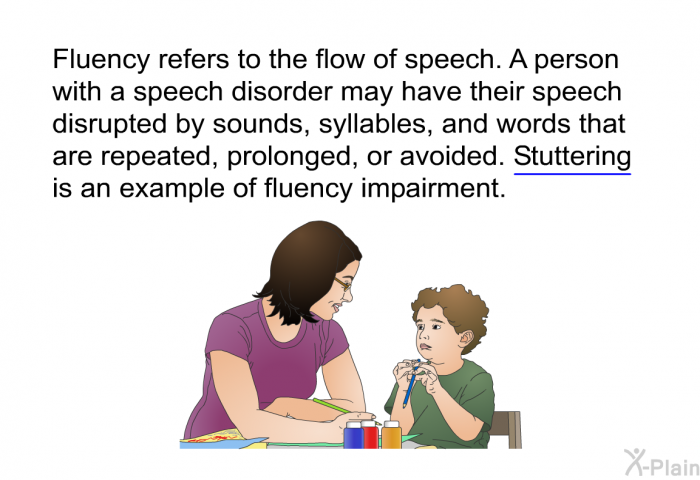 Fluency refers to the flow of speech. A person with a speech disorder may have their speech disrupted by sounds, syllables, and words that are repeated, prolonged, or avoided. Stuttering is an example of fluency impairment.
