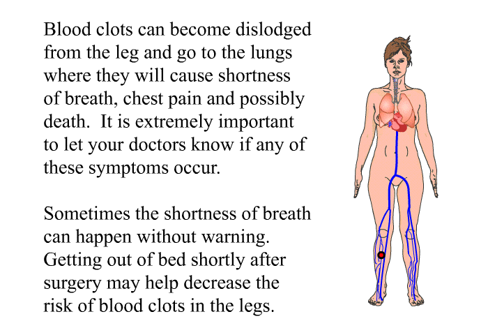 Blood clots can become dislodged from the leg and go to the lungs where they will cause shortness of breath, chest pain and possibly death. It is extremely important to let your doctors know if any of these symptoms occur. Sometimes the shortness of breath can happen without warning. 
 Getting out of bed shortly after surgery may help decrease the risk of blood clots in the legs.