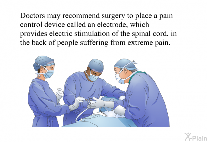 Doctors may recommend surgery to place a pain control device called an electrode, which provides electric stimulation of the spinal cord, in the back of people suffering from extreme pain.