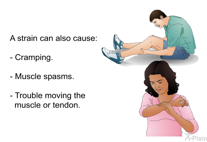 A strain can also cause:  Cramping. Muscle spasms. Trouble moving the muscle or tendon.