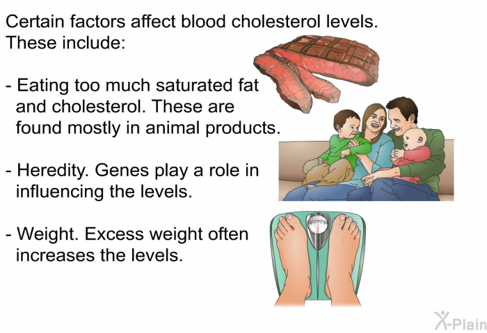 Certain factors affect blood cholesterol levels. These include:  Eating too much saturated fat and cholesterol. These are found mostly in animal products. Heredity. Genes play a role in influencing the levels. Weight. Excess weight often increases the levels.