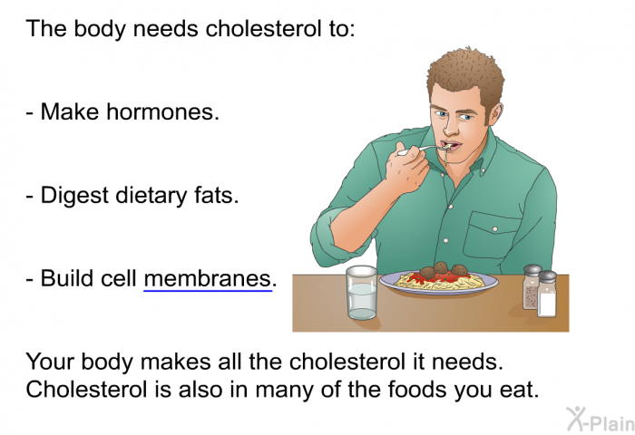The body needs cholesterol to:  Make hormones. Digest dietary fats. Build cell membranes.  
 Your body makes all the cholesterol it needs. Cholesterol is also in many of the foods you eat.